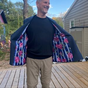 Men’s New Blue Gray Blazer with Floral Lining 44R